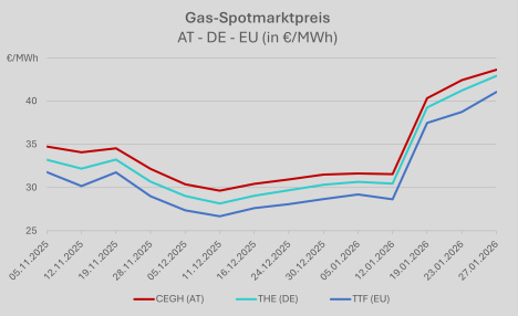Das Kurvendiagramm der Gas-Spotmarktpreise zeigt einen Anstieg im Jänner in Österreich, Deutschland und der EU